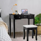Costway Vanity Jewelry Wooden Makeup Dressing Table Set W/Stool Mirror & 5 Drawers Black