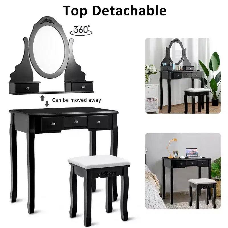 Costway Vanity Jewelry Wooden Makeup Dressing Table Set W/Stool Mirror & 5 Drawers Black
