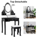 Costway Vanity Jewelry Wooden Makeup Dressing Table Set W/Stool Mirror & 5 Drawers Black