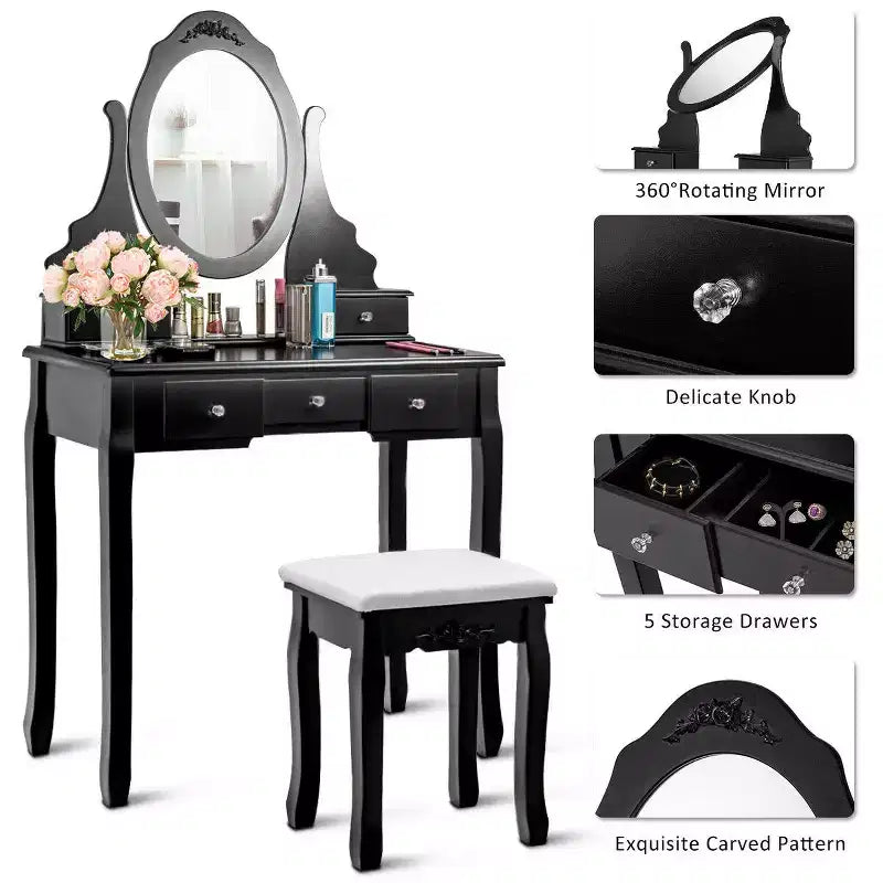 Costway Vanity Jewelry Wooden Makeup Dressing Table Set W/Stool Mirror & 5 Drawers Black