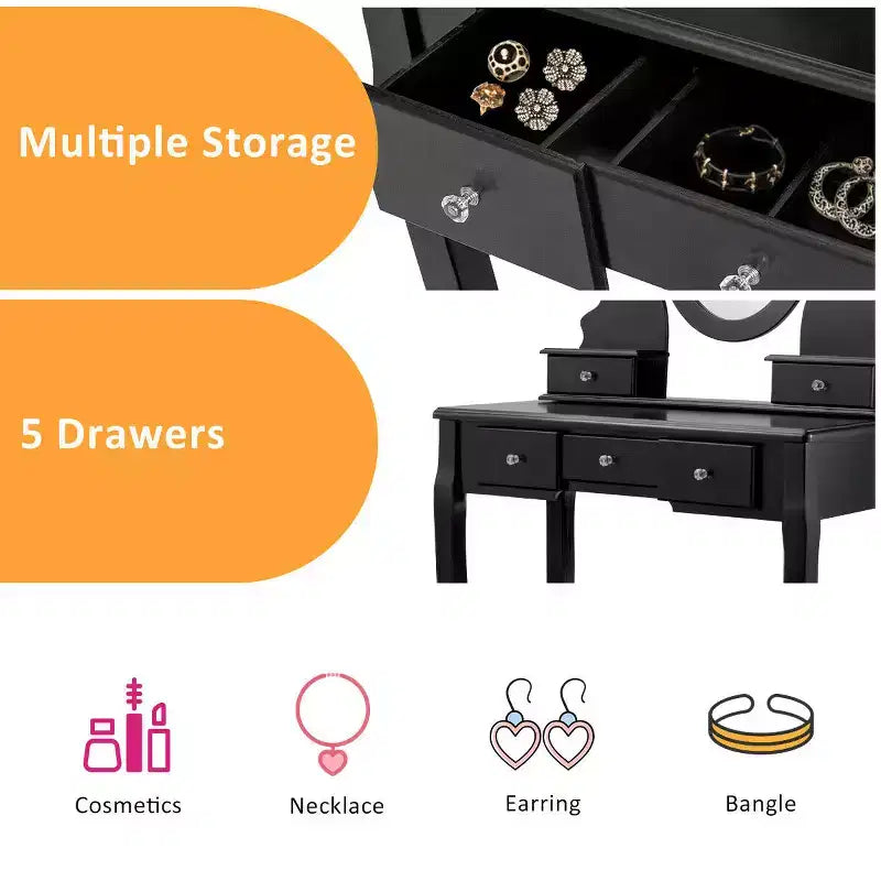 Costway Vanity Jewelry Wooden Makeup Dressing Table Set W/Stool Mirror & 5 Drawers Black
