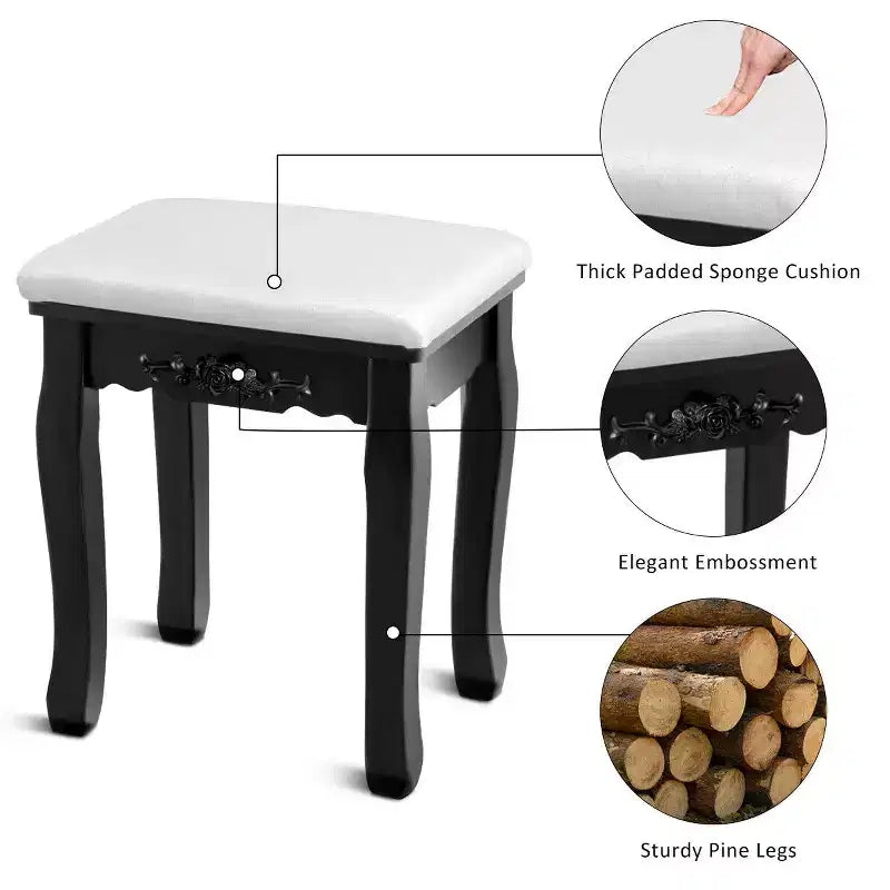 Costway Vanity Jewelry Wooden Makeup Dressing Table Set W/Stool Mirror & 5 Drawers Black