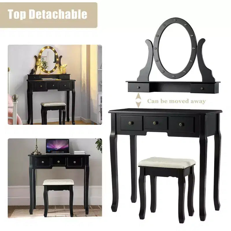 Costway Vanity Set Makeup Dressing Table w/5 Drawers 12 LED Bulb Black