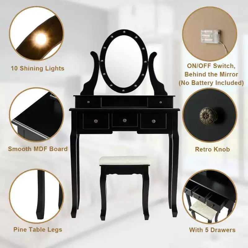 Costway Vanity Set Makeup Dressing Table w/5 Drawers 12 LED Bulb Black