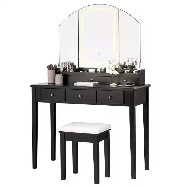 Costway Schminktisch-Hocker-Set mit großem dreiteiligem beleuchtetem Spiegel, Kommode mit 6 Schubladen, Weiß\Schwarz