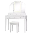Costway Schminktisch-Hocker-Set mit großem dreiteiligem beleuchtetem Spiegel, Kommode mit 6 Schubladen, Weiß\Schwarz