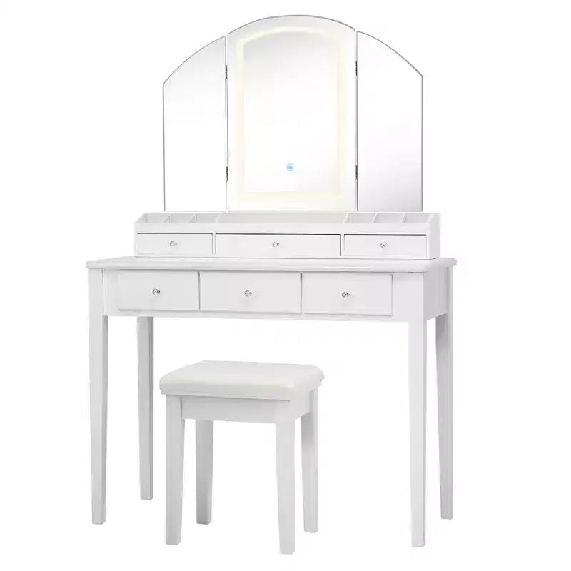Costway Schminktisch-Hocker-Set mit großem dreiteiligem beleuchtetem Spiegel, Kommode mit 6 Schubladen, Weiß\Schwarz