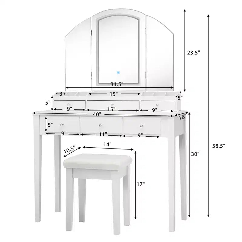 Costway Schminktisch-Hocker-Set mit großem dreiteiligem beleuchtetem Spiegel, Kommode mit 6 Schubladen, Weiß\Schwarz