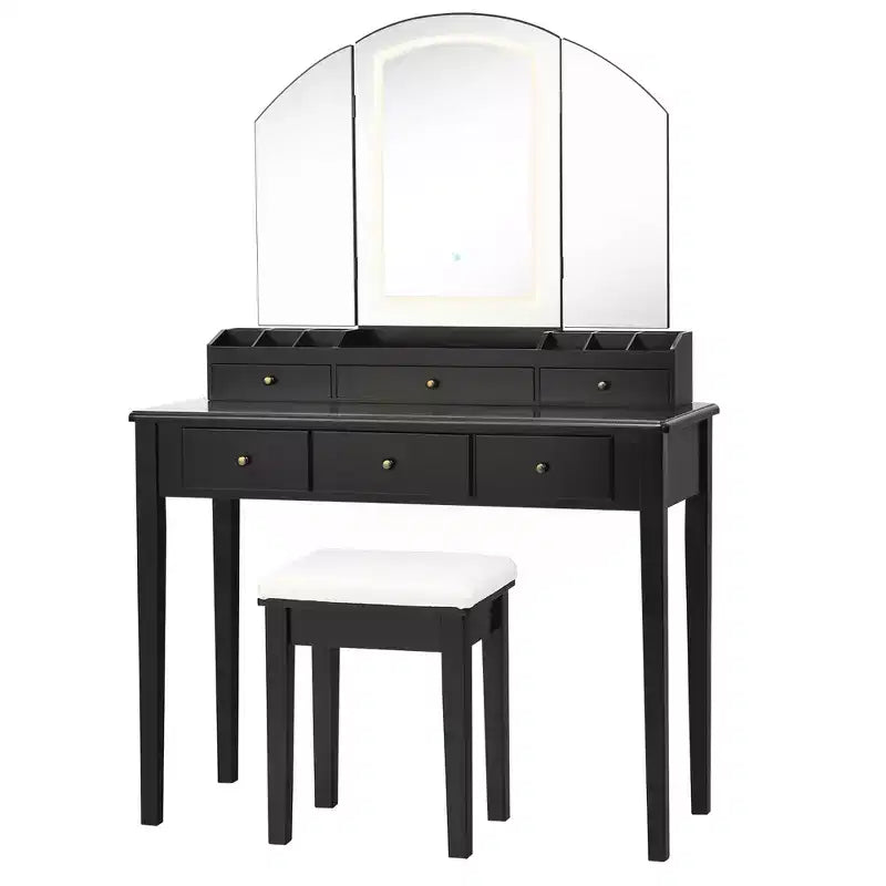 Costway Schminktisch-Hocker-Set mit großem dreiteiligem beleuchtetem Spiegel, Kommode mit 6 Schubladen, Weiß\Schwarz