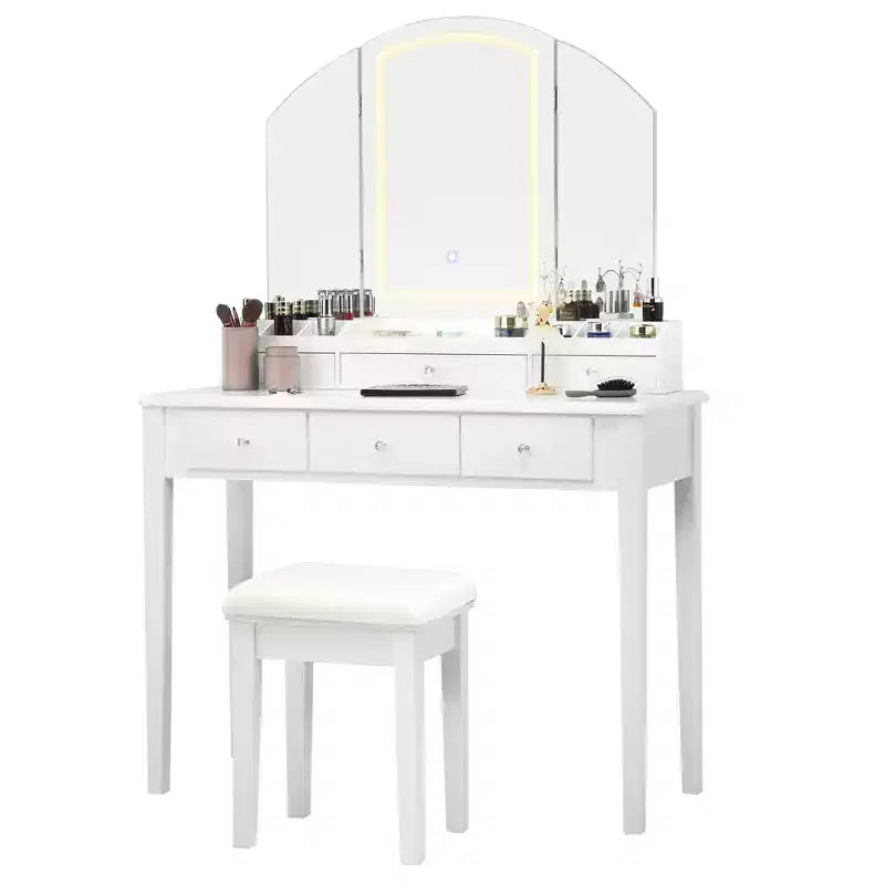Costway Schminktisch-Hocker-Set mit großem dreiteiligem beleuchtetem Spiegel, Kommode mit 6 Schubladen, Weiß\Schwarz
