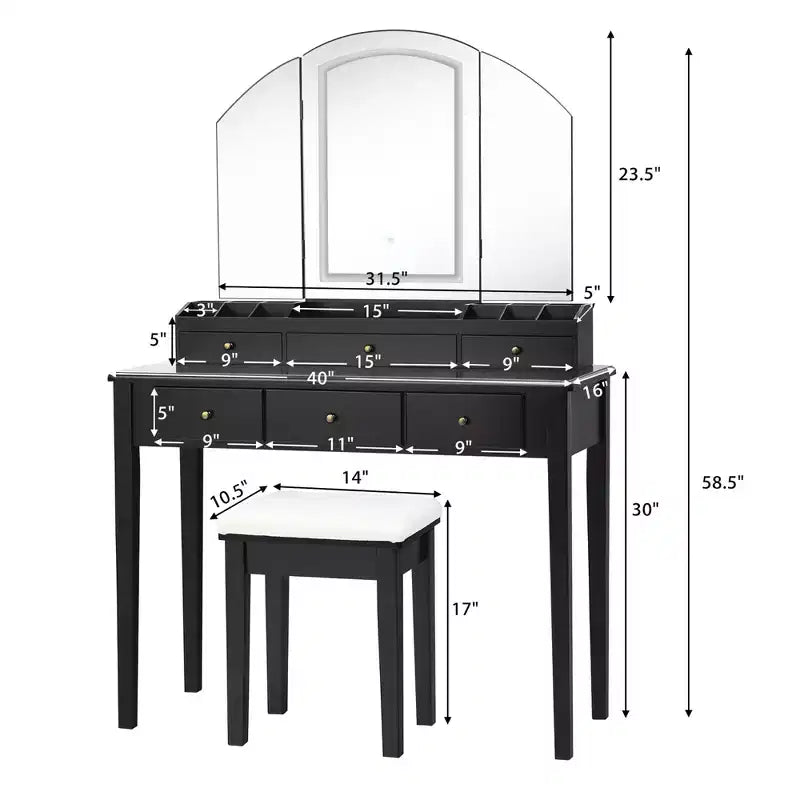 Costway Schminktisch-Hocker-Set mit großem dreiteiligem beleuchtetem Spiegel, Kommode mit 6 Schubladen, Weiß\Schwarz