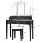 Costway Schminktisch-Hocker-Set mit großem dreiteiligem beleuchtetem Spiegel, Kommode mit 6 Schubladen, Weiß\Schwarz