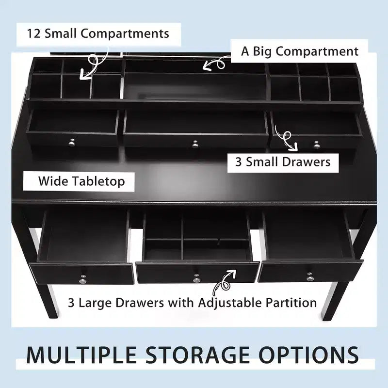 Costway Schminktisch-Hocker-Set mit großem dreiteiligem beleuchtetem Spiegel, Kommode mit 6 Schubladen, Weiß\Schwarz