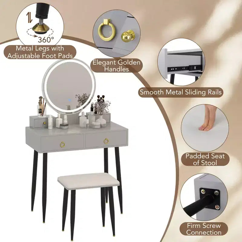 Costway Vanity Makeup Dressing Table Stool Set 3-Color Lighted Mirror with Drawers Gray/White