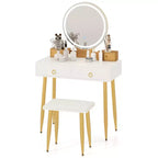 Costway Vanity Makeup Dressing Table Stool Set 3-Color Lighted Mirror with Drawers Gray/White