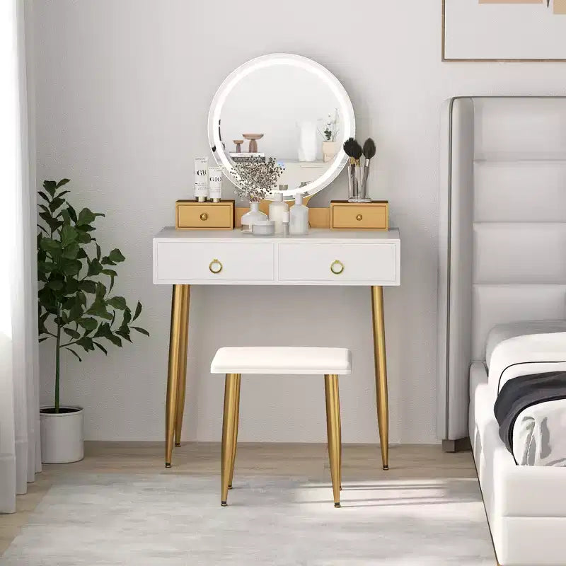 Costway Vanity Makeup Dressing Table Stool Set 3-Color Lighted Mirror with Drawers Gray/White