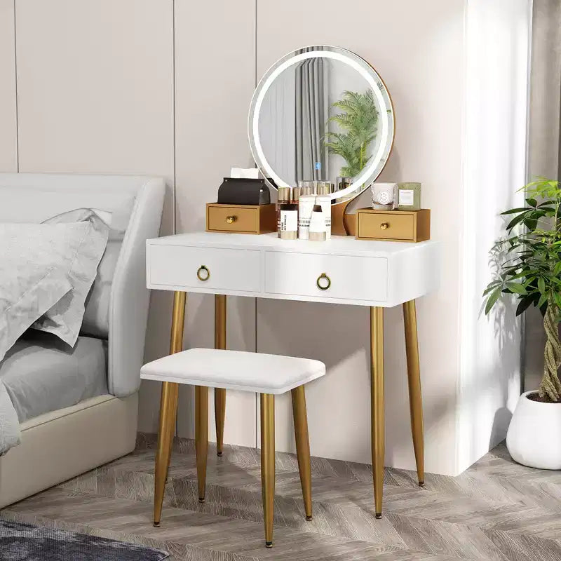 Costway Vanity Makeup Dressing Table Stool Set 3-Color Lighted Mirror with Drawers Gray/White