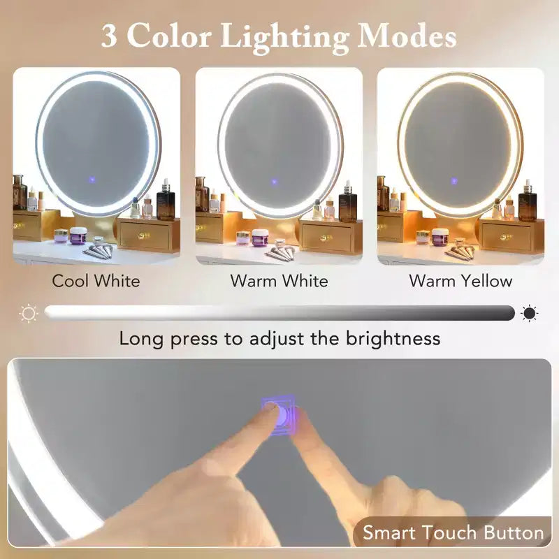 Costway Vanity Makeup Dressing Table Stool Set 3-Color Lighted Mirror with Drawers Gray/White