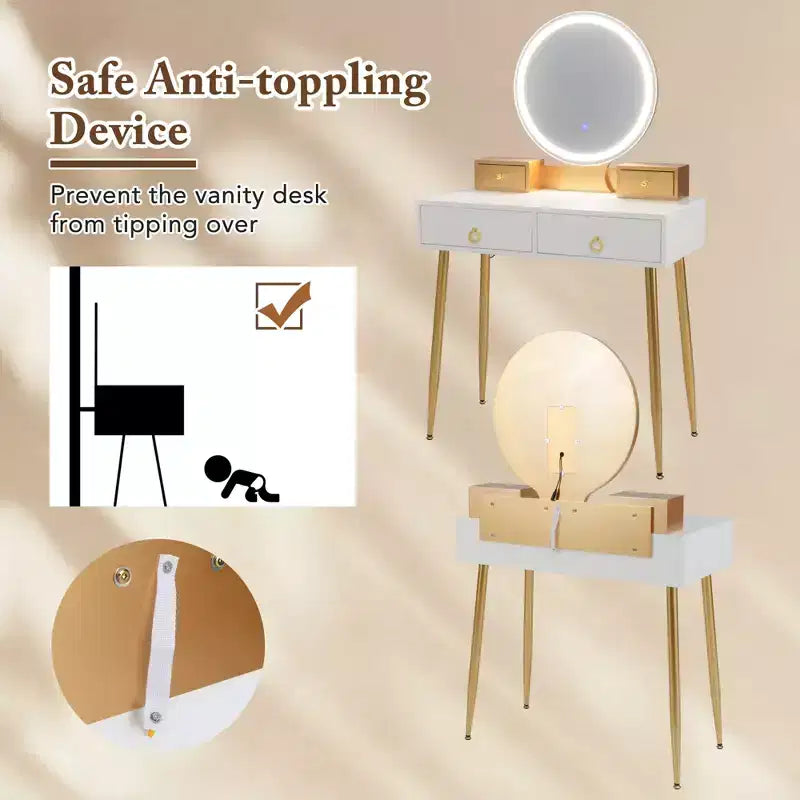 Costway Vanity Makeup Dressing Table Stool Set 3-Color Lighted Mirror with Drawers Gray/White