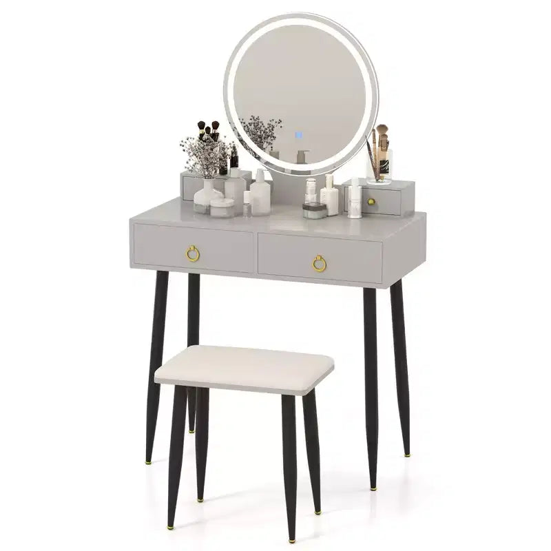 Costway Vanity Makeup Dressing Table Stool Set 3-Color Lighted Mirror with Drawers Gray/White