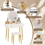 Costway Vanity Makeup Dressing Table Stool Set 3-Color Lighted Mirror with Drawers Gray/White