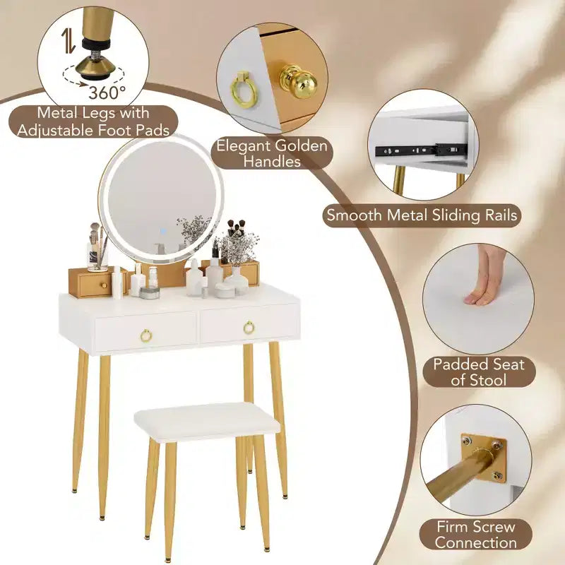 Costway Vanity Makeup Dressing Table Stool Set 3-Color Lighted Mirror with Drawers Gray/White