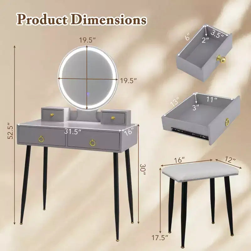 Costway Vanity Makeup Dressing Table Stool Set 3-Color Lighted Mirror with Drawers Gray/White