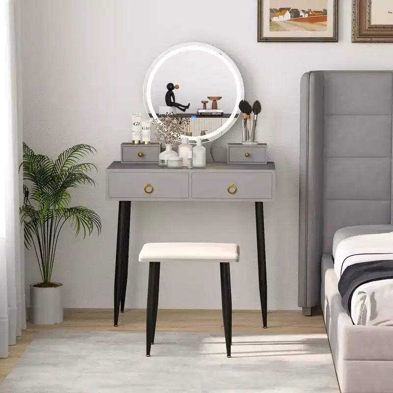 Costway Vanity Makeup Dressing Table Stool Set 3-Color Lighted Mirror with Drawers Gray/White