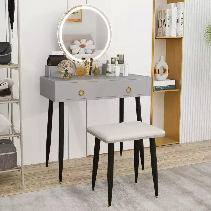 Costway Vanity Makeup Dressing Table Stool Set 3-Color Lighted Mirror with Drawers Gray/White