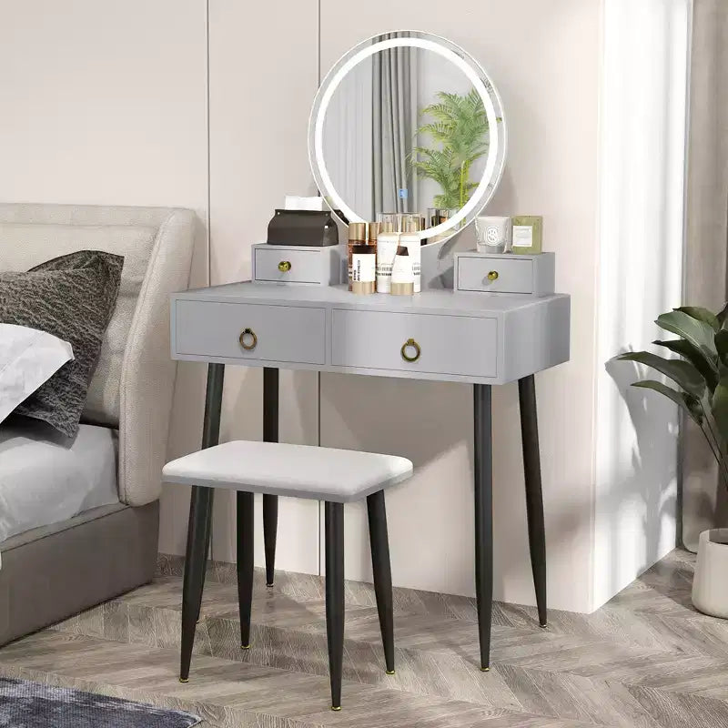 Costway Vanity Makeup Dressing Table Stool Set 3-Color Lighted Mirror with Drawers Gray/White