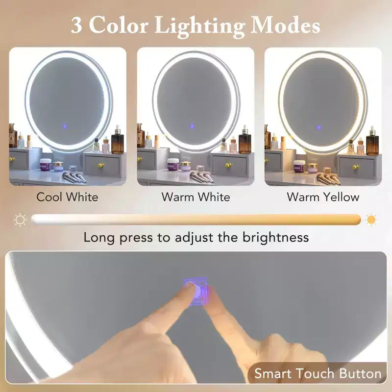 Costway Vanity Makeup Dressing Table Stool Set 3-Color Lighted Mirror with Drawers Gray/White