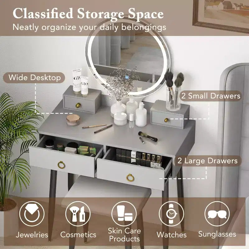 Costway Vanity Makeup Dressing Table Stool Set 3-Color Lighted Mirror with Drawers Gray/White