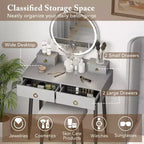 Costway Vanity Makeup Dressing Table Stool Set 3-Color Lighted Mirror with Drawers Gray/White