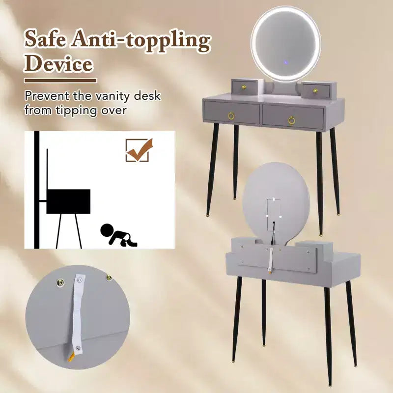 Costway Vanity Makeup Dressing Table Stool Set 3-Color Lighted Mirror with Drawers Gray/White