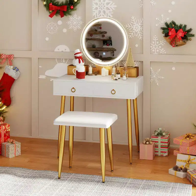 Conjunto de mesa de tocador y maquillaje con taburete Costway, espejo con iluminación de 3 colores, cajones, gris/blanco