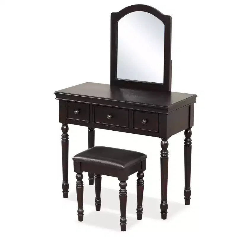 Conjunto de mesa tocador Costway, escritorio de maquillaje, taburete acolchado, 3 cajones y espejo grande, blanco/ nogal