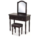 Conjunto de mesa tocador Costway, escritorio de maquillaje, taburete acolchado, 3 cajones y espejo grande, blanco/ nogal