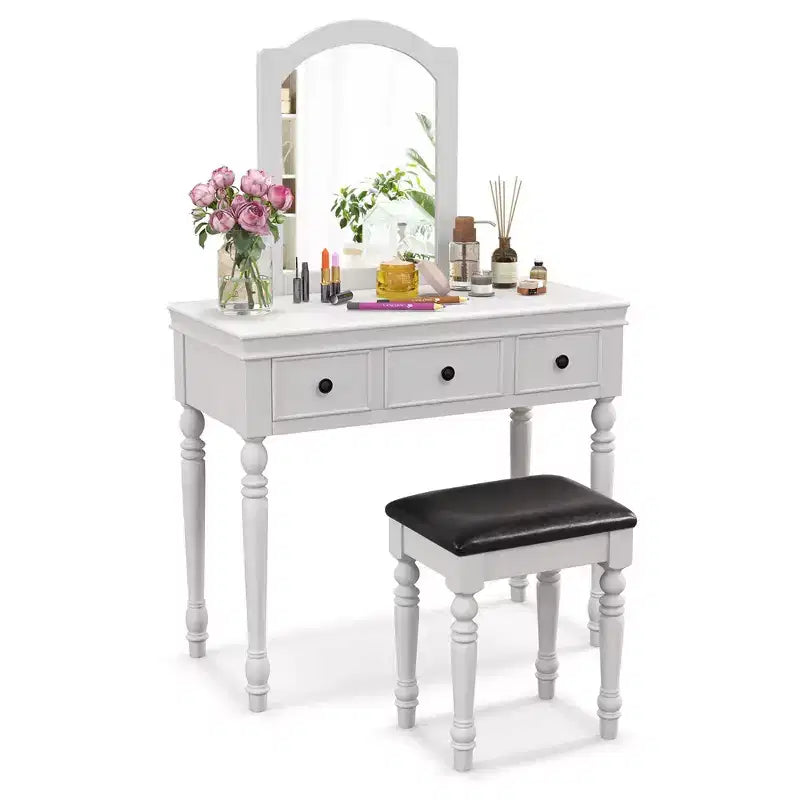 Conjunto de mesa tocador Costway, escritorio de maquillaje, taburete acolchado, 3 cajones y espejo grande, blanco/ nogal