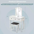 Conjunto de mesa tocador Costway, escritorio de maquillaje, taburete acolchado, 3 cajones y espejo grande, blanco/ nogal