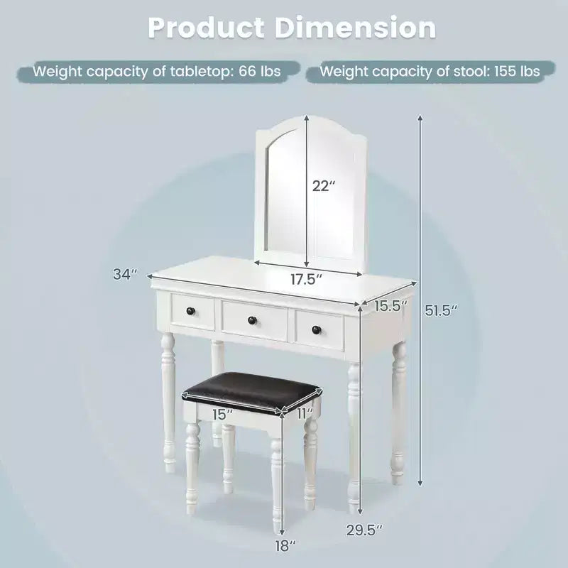 Conjunto de mesa tocador Costway, escritorio de maquillaje, taburete acolchado, 3 cajones y espejo grande, blanco/ nogal