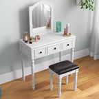 Conjunto de mesa tocador Costway, escritorio de maquillaje, taburete acolchado, 3 cajones y espejo grande, blanco/ nogal