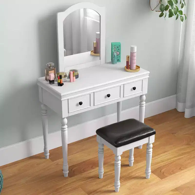Conjunto de mesa tocador Costway, escritorio de maquillaje, taburete acolchado, 3 cajones y espejo grande, blanco/ nogal
