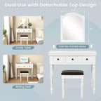 Conjunto de mesa tocador Costway, escritorio de maquillaje, taburete acolchado, 3 cajones y espejo grande, blanco/ nogal