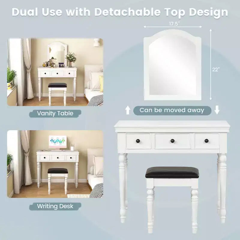 Conjunto de mesa tocador Costway, escritorio de maquillaje, taburete acolchado, 3 cajones y espejo grande, blanco/ nogal