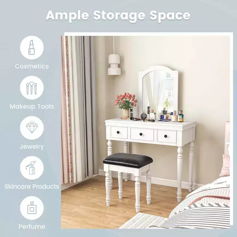 Conjunto de mesa tocador Costway, escritorio de maquillaje, taburete acolchado, 3 cajones y espejo grande, blanco/ nogal