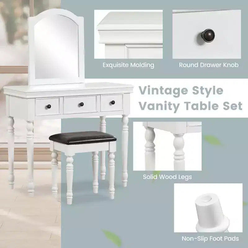 Conjunto de mesa tocador Costway, escritorio de maquillaje, taburete acolchado, 3 cajones y espejo grande, blanco/ nogal