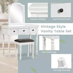 Conjunto de mesa tocador Costway, escritorio de maquillaje, taburete acolchado, 3 cajones y espejo grande, blanco/ nogal