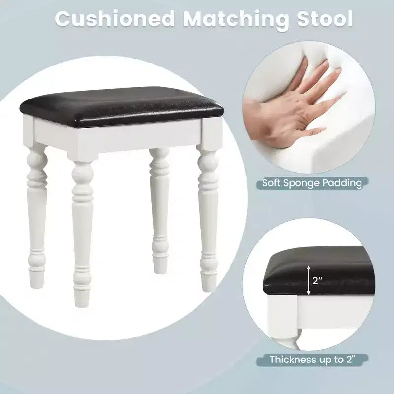 Conjunto de mesa tocador Costway, escritorio de maquillaje, taburete acolchado, 3 cajones y espejo grande, blanco/ nogal