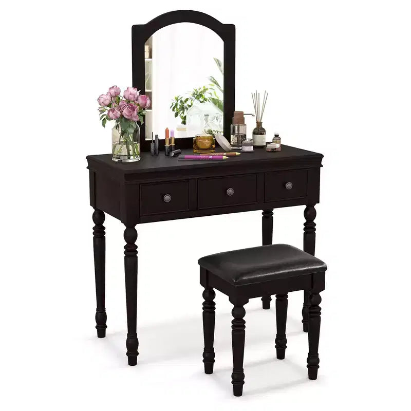 Conjunto de mesa tocador Costway, escritorio de maquillaje, taburete acolchado, 3 cajones y espejo grande, blanco/ nogal