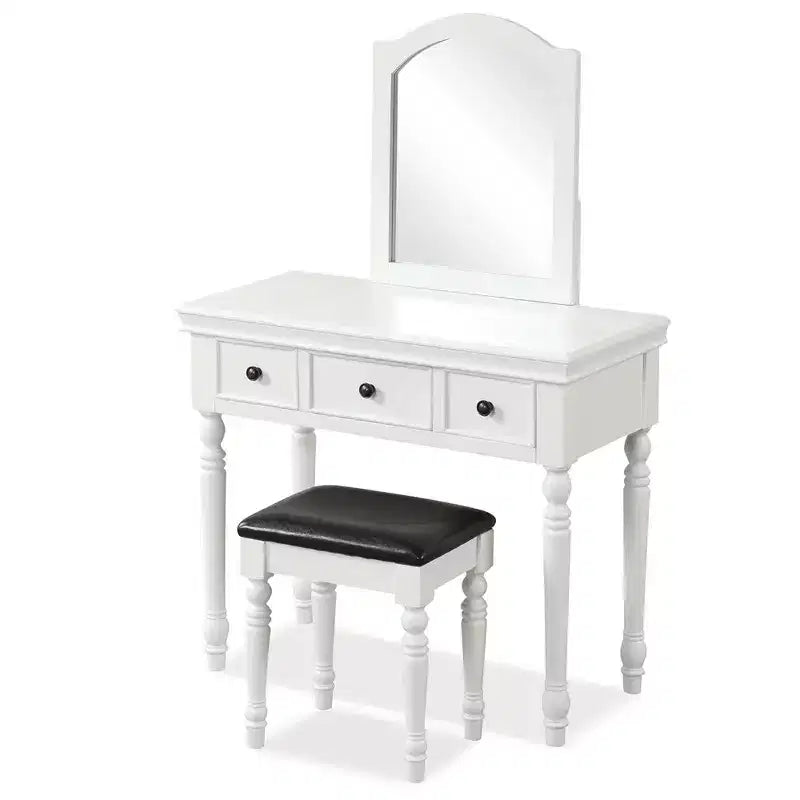 Conjunto de mesa tocador Costway, escritorio de maquillaje, taburete acolchado, 3 cajones y espejo grande, blanco/ nogal